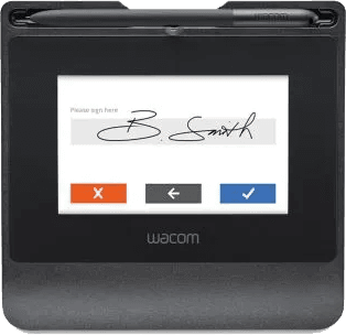 Wacom STU-540 signature pad showing a captured client signature