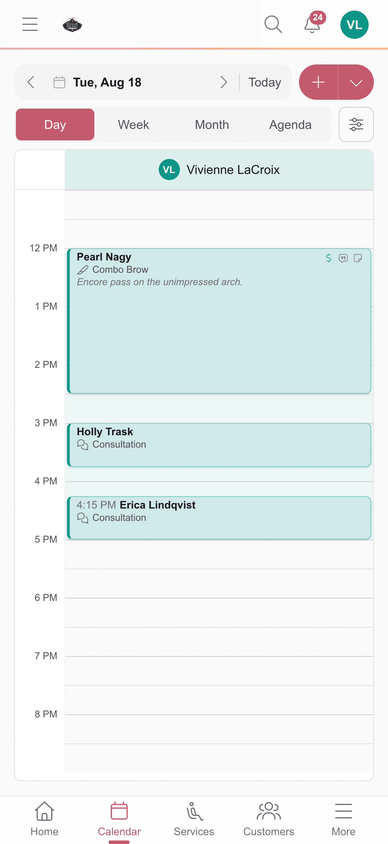 An artist’s day in the REV23 calendar on a phone, with consultations and a PMU appointment