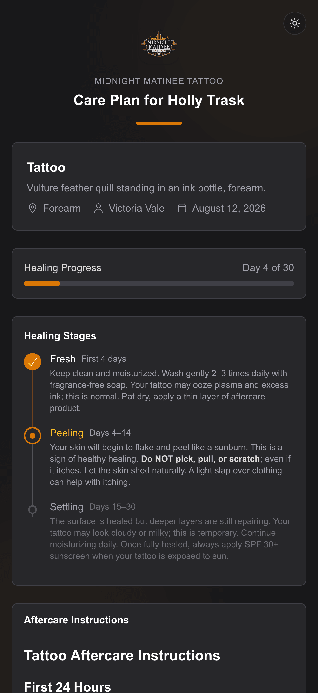 A REV23 client care page showing Day 4 tattoo healing guidance with the Peeling stage active