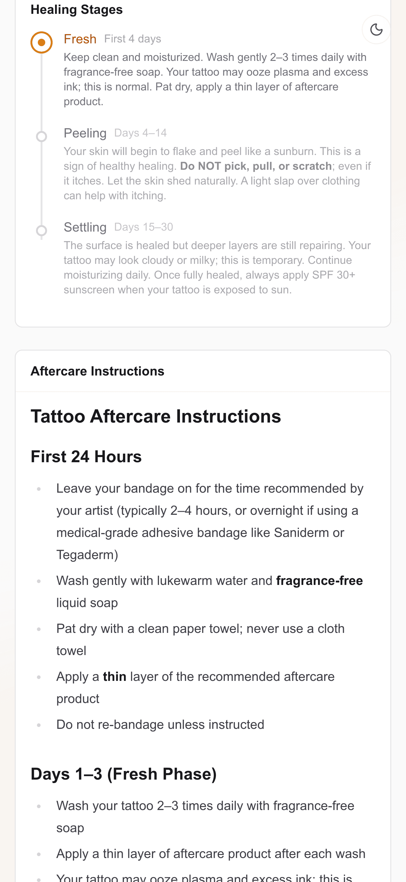 A light-mode REV23 care page showing Fresh, Peeling, and Settling tattoo healing stages