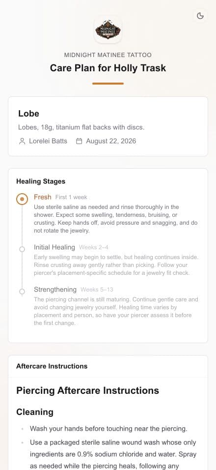 Holly Trask’s light-mode Midnight Matinee care page, with Lorelei Batts’s lobe-piercing instructions and healing stages