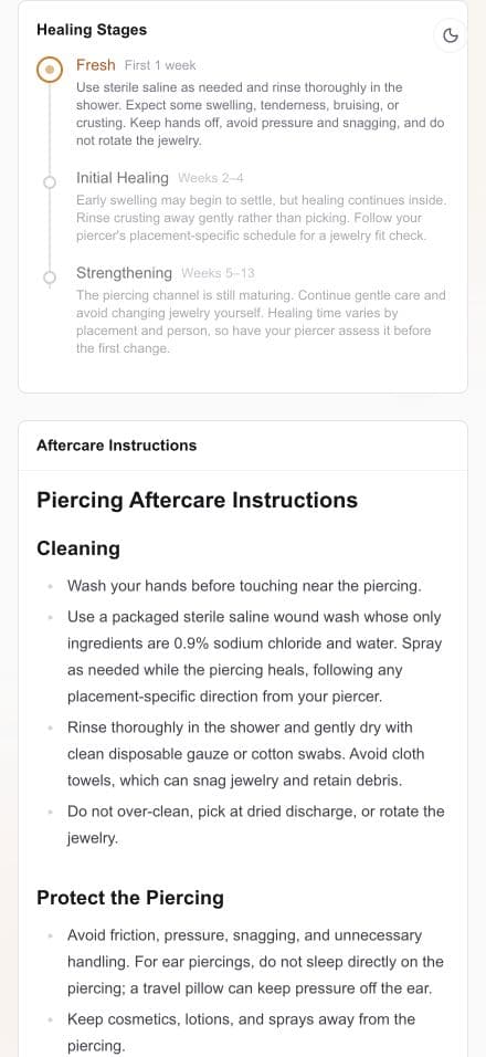 Holly’s piercing care timeline: Fresh, Initial Healing, and Strengthening, each with its own guidance