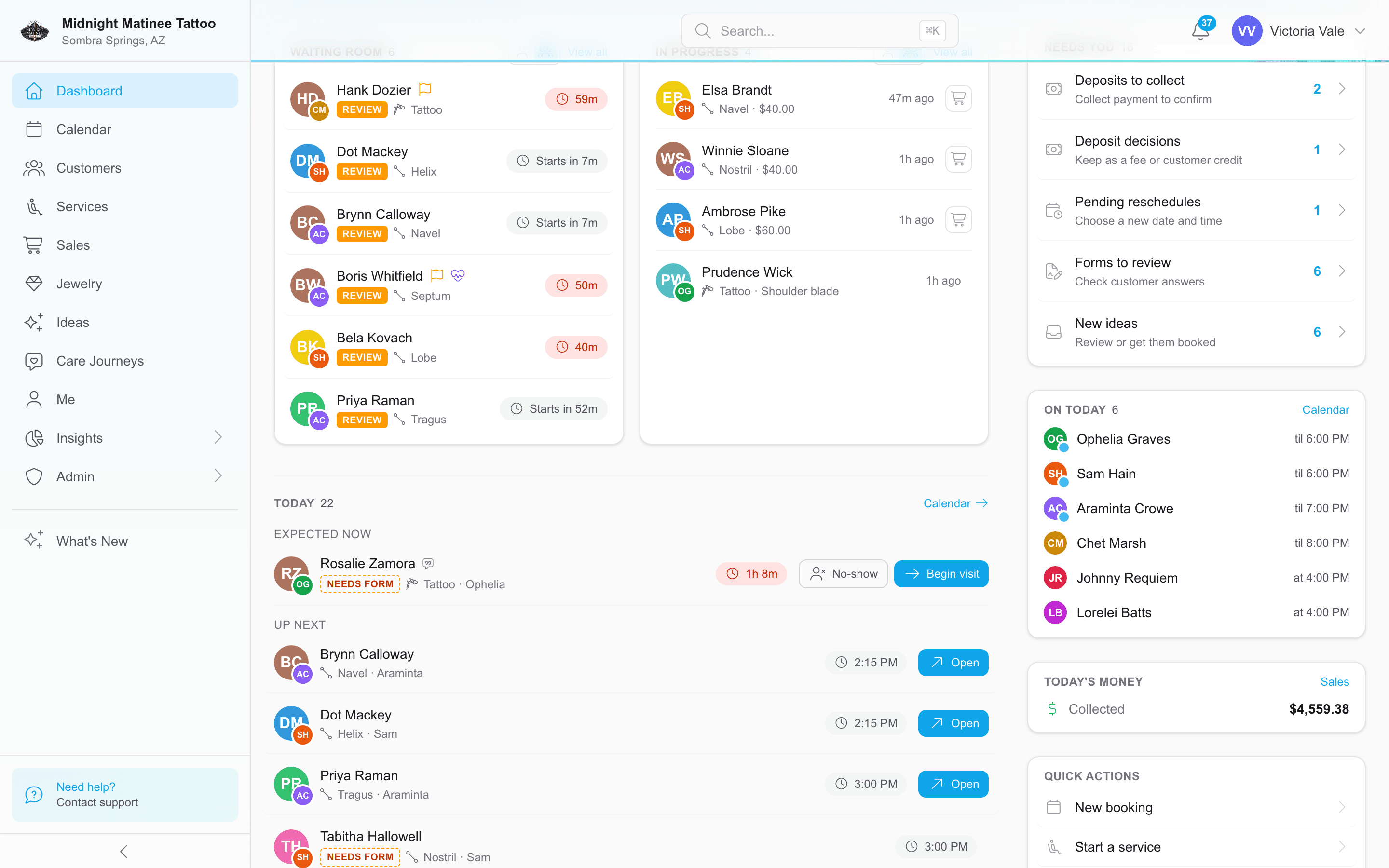 REV23 dashboard showing waiting, active, and upcoming body art clients