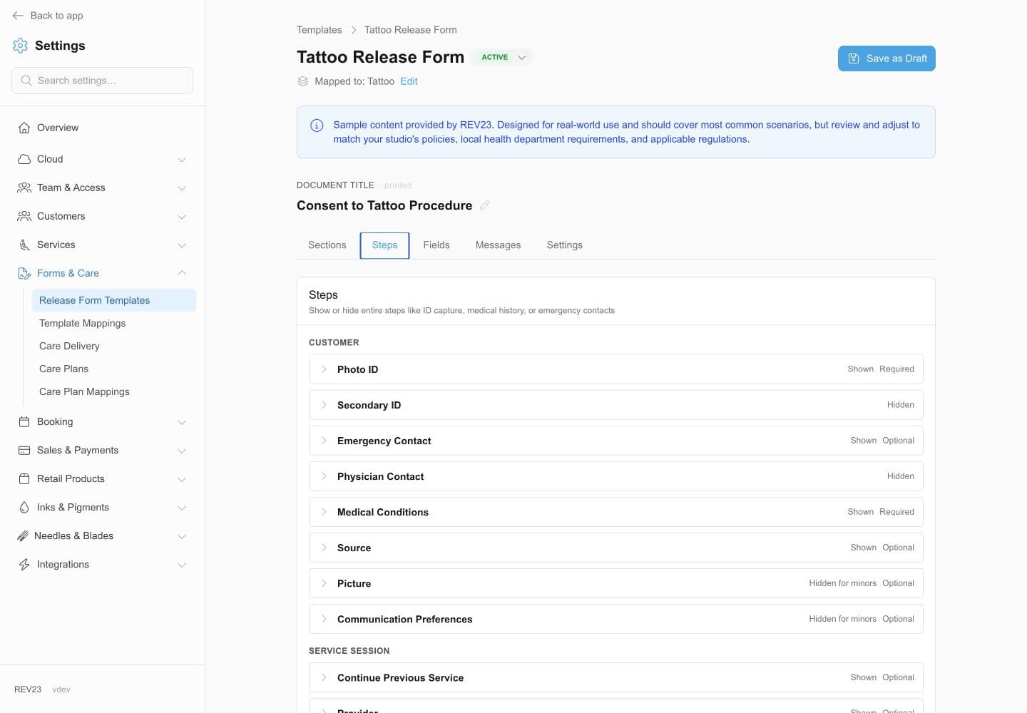 REV23 Tattoo Release Form designer showing required identity, medical, contact, and service steps