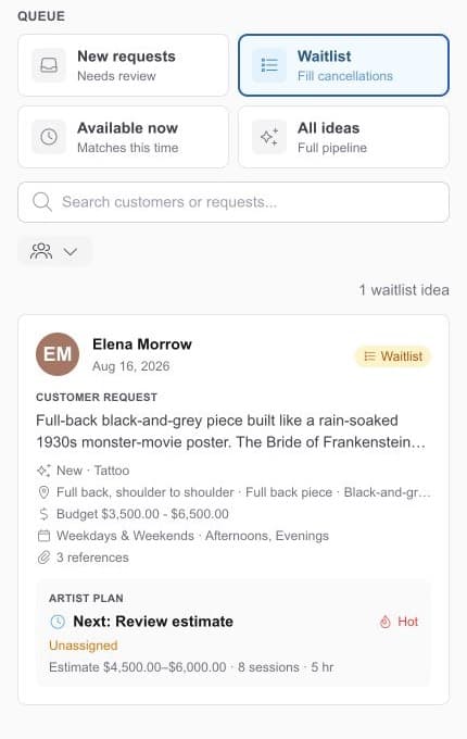 REV23 Ideas waitlist on a phone showing a full-back horror project, budget, availability, references, estimate, and status
