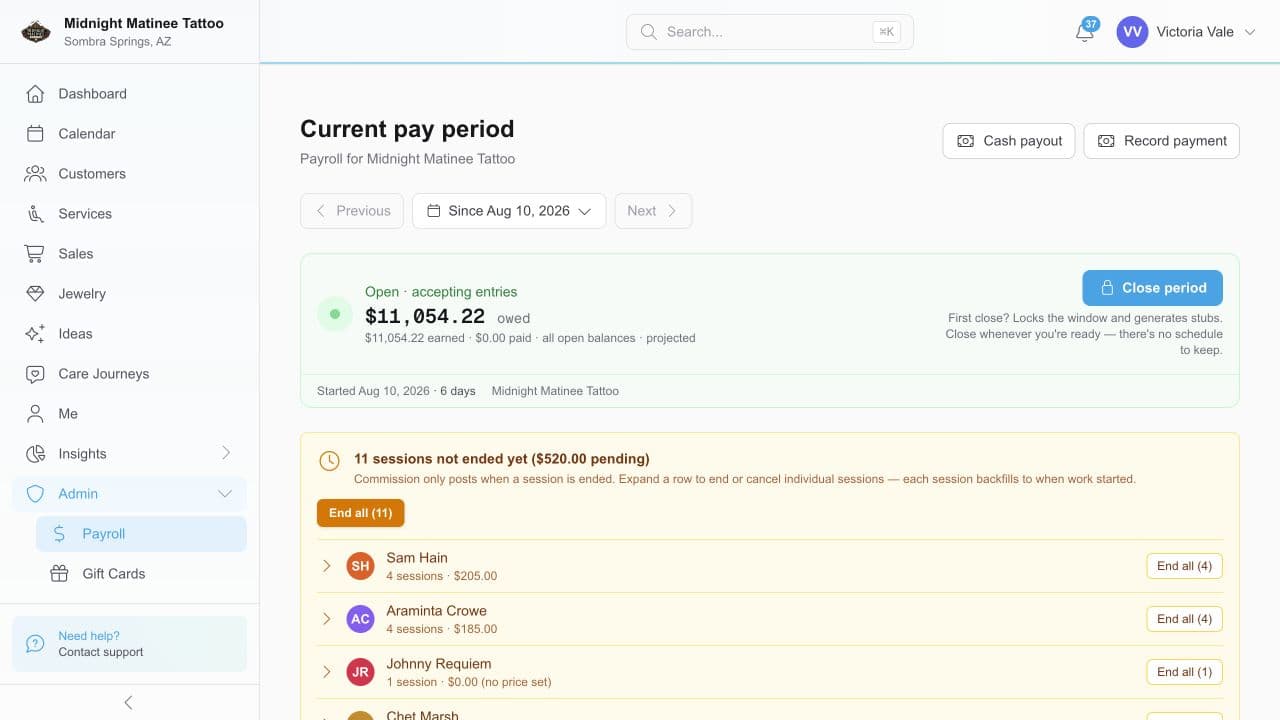 REV23 current pay period showing the open period, total owed, unfinished-session warning, and artist earnings