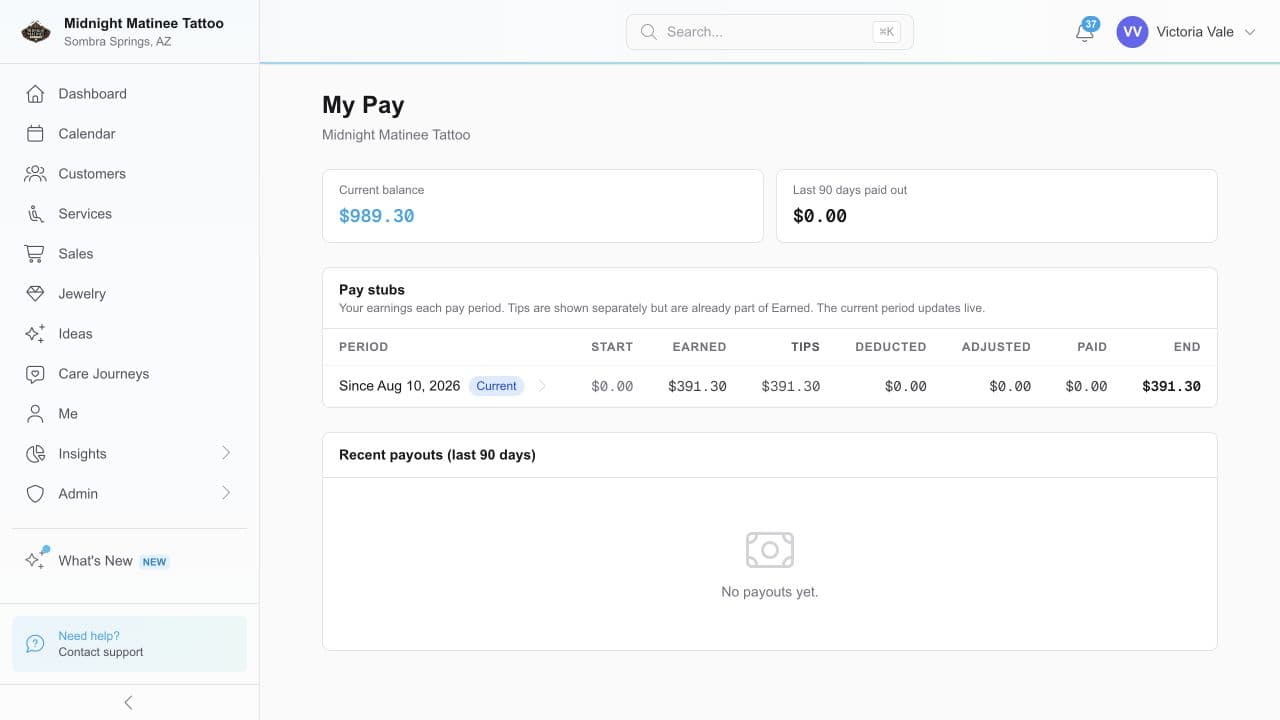 REV23 My Pay showing an artist’s current balance and live pay-period stub