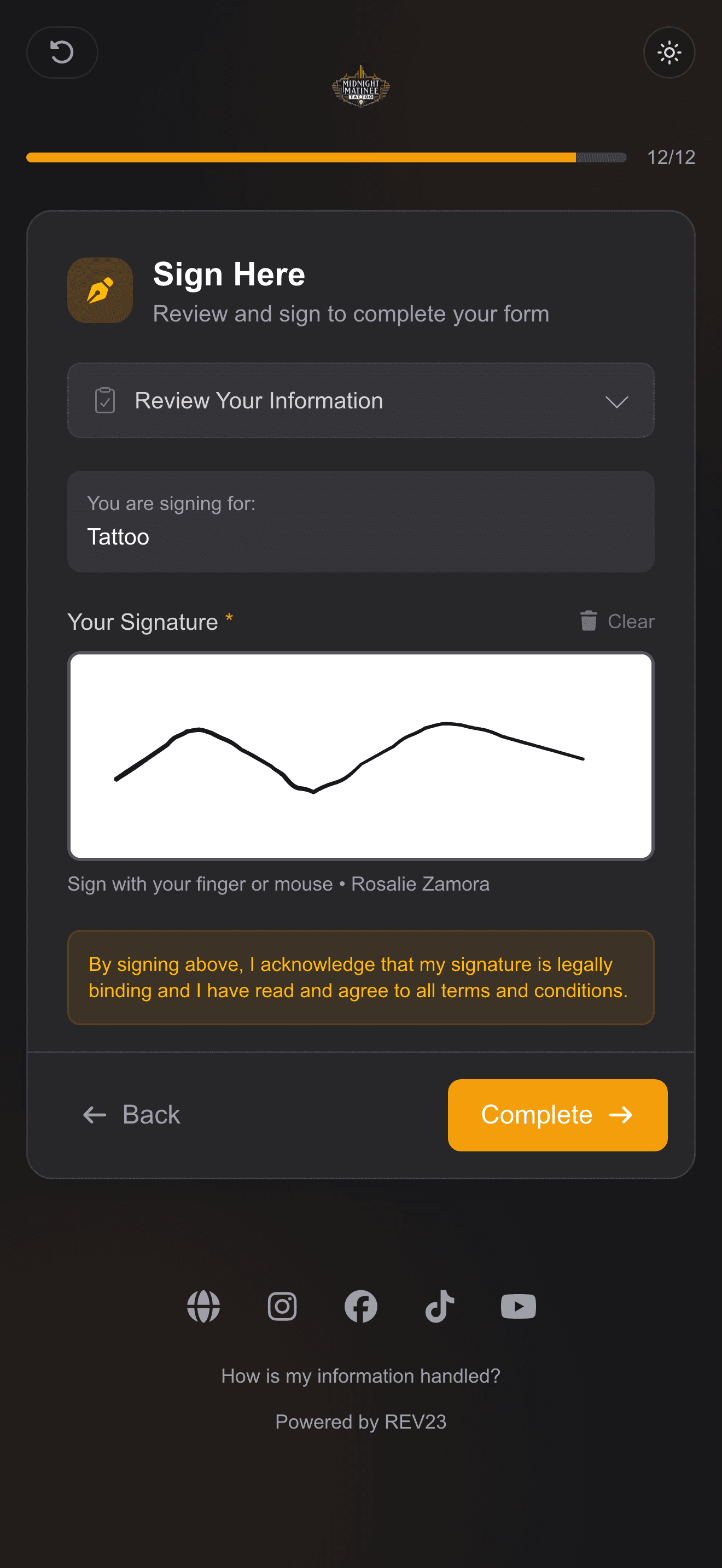REV23 Web Sign flow for completing a body art consent form on a phone
