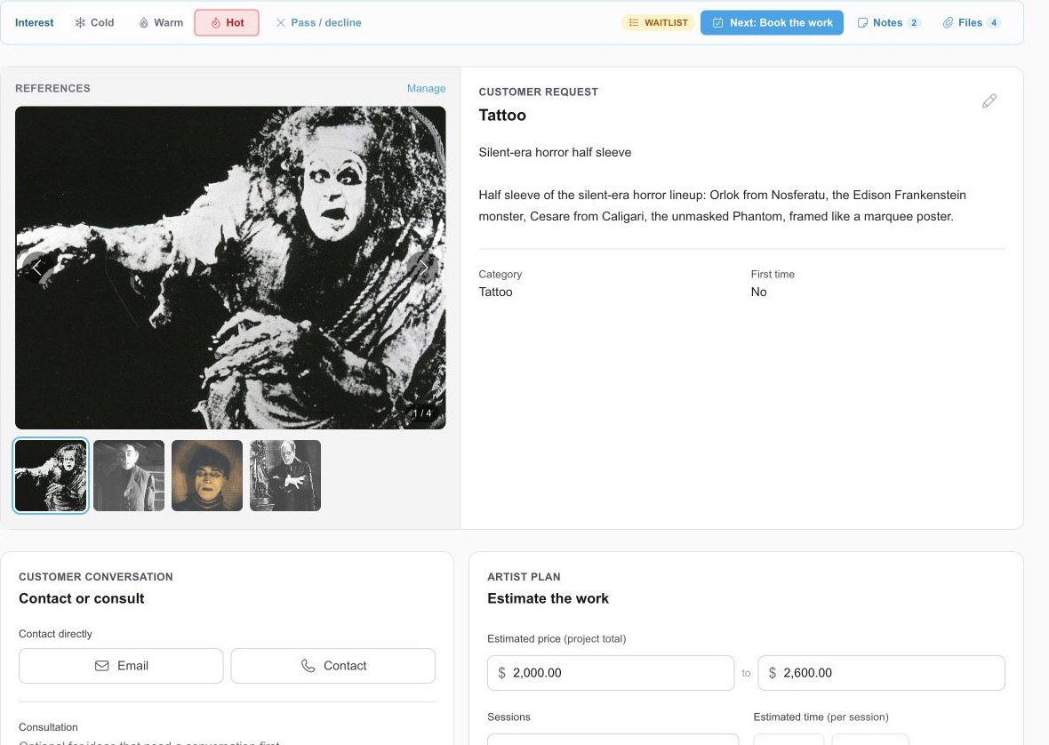 A REV23 Idea for a silent-era horror half sleeve with four reference images, interest rating, waitlist status, artist estimate, and booking actions